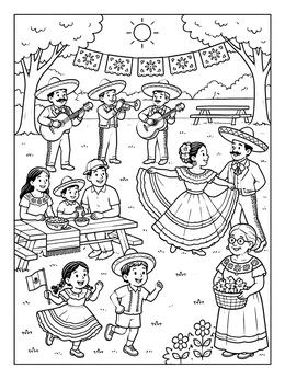 A festive outdoor park party in this lively cinco de mayo coloring page.