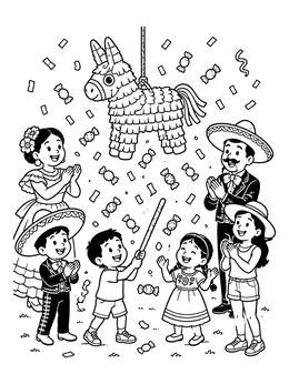 Children play around a donkey piñata in this festive cinco de mayo coloring page.