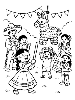 A festive cinco de mayo coloring page showing a blindfolded girl swinging a stick at a donkey piñata surrounded by friends.