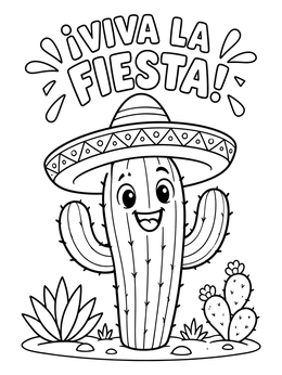 Happy cartoon cactus wearing a sombrero on a cinco de mayo coloring page.