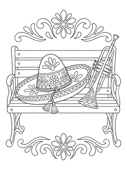 A festive cinco de mayo coloring page with an ornate sombrero and trumpet on a bench.