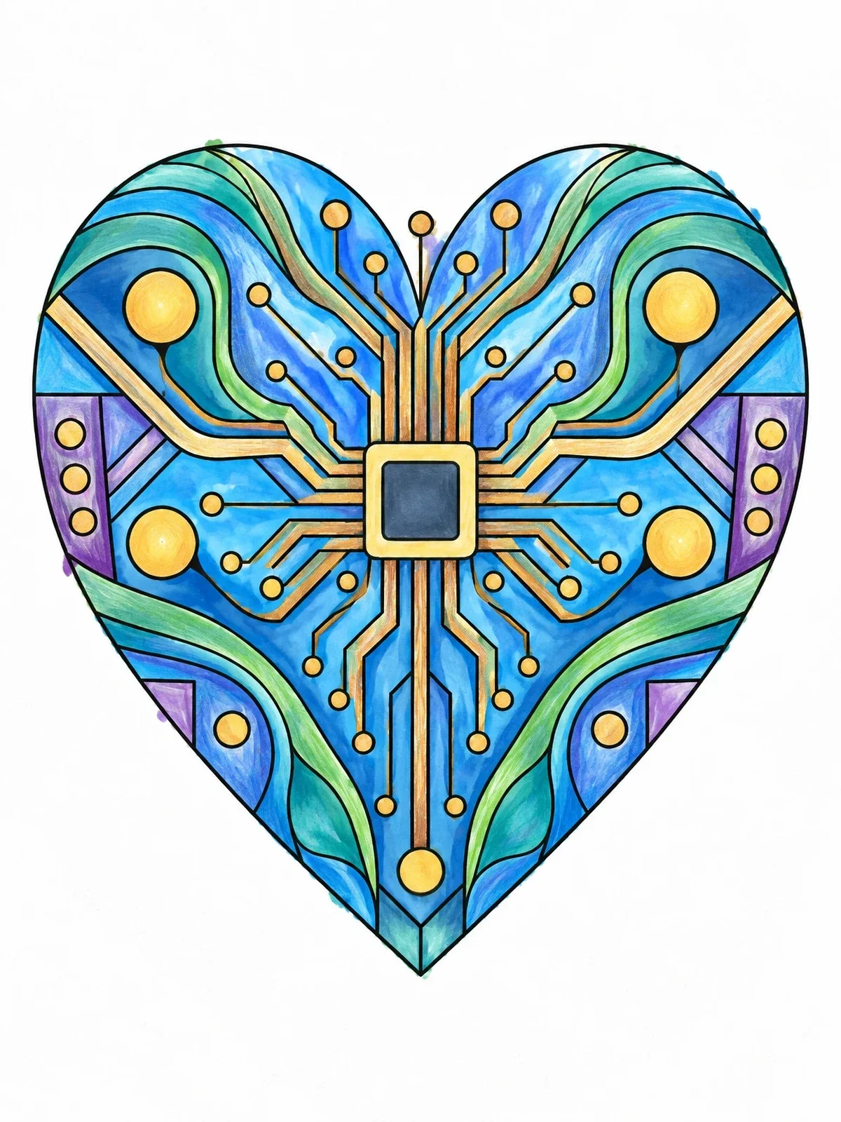 Colored example of the Electronic Circuit Board Heart coloring page