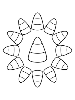 A candy corn coloring page featuring a ring of sweet treats surrounding a central piece.
