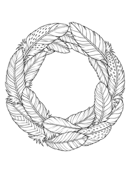 A detailed circular feather coloring page with intricate patterns framing an empty space.