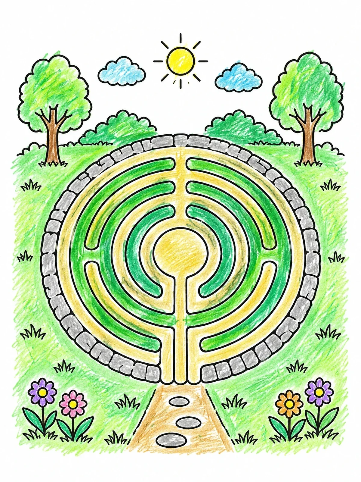 Colored example of the Circular Garden Stone Labyrinth coloring page