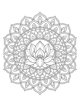 A blooming flower rests at the center of this detailed lotus flower coloring page mandala.