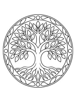 A balanced circular tree of life coloring page framed with decorative borders.