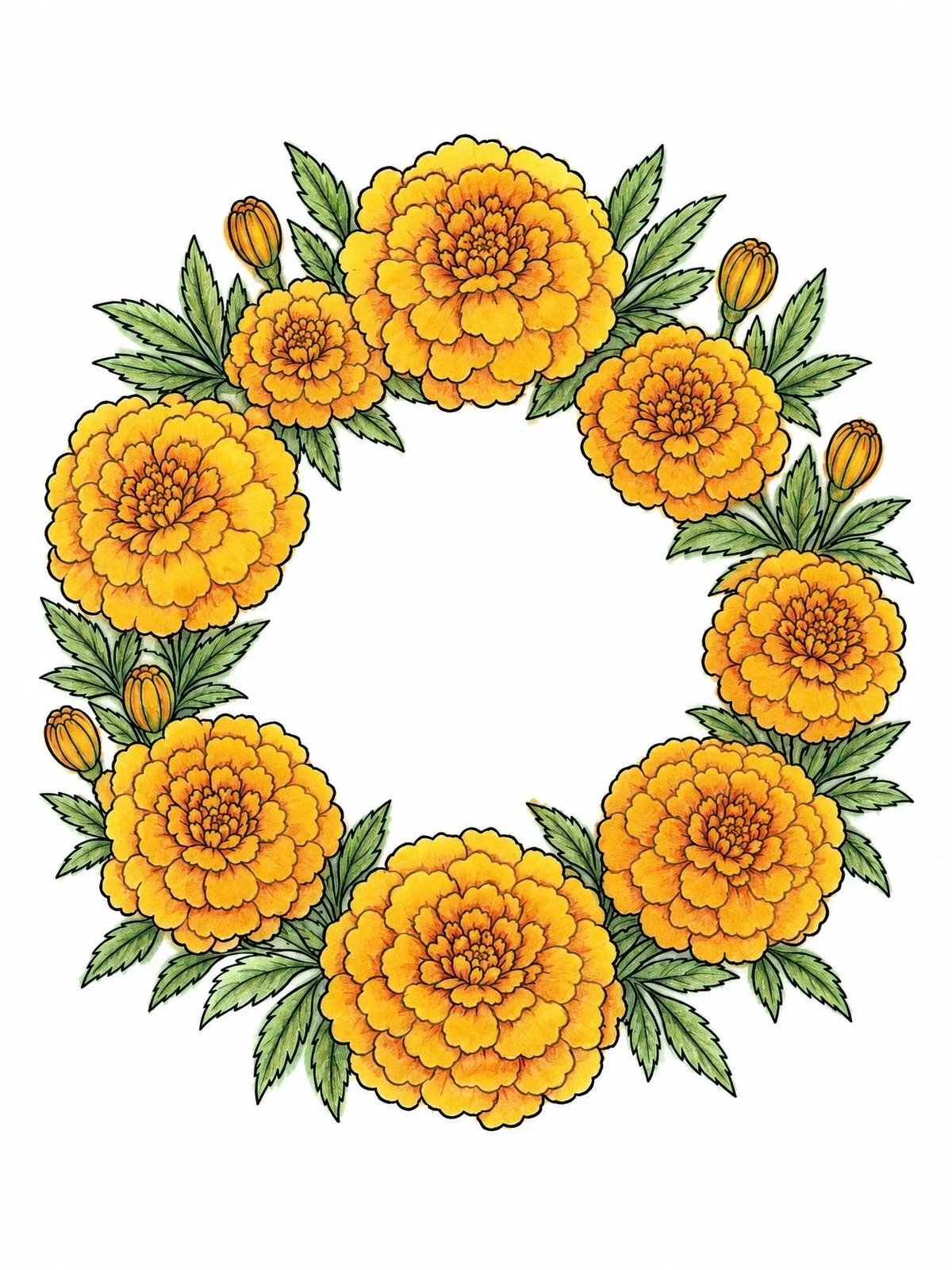 Colored example of the Circular Marigold Floral Wreath coloring page