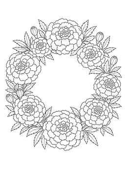 Detailed marigold flower coloring page featuring a round circular wreath with blooms and buds.