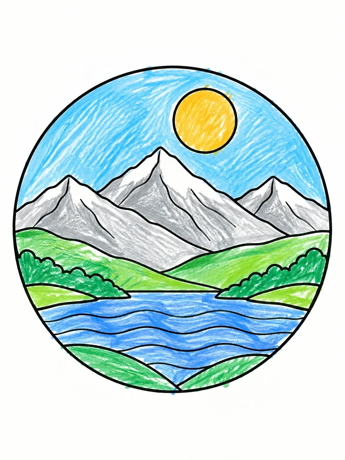 Colored example of the Circular Minimalist Mountain Landscape coloring page