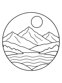 Free printable Circular Minimalist Mountain Landscape coloring page