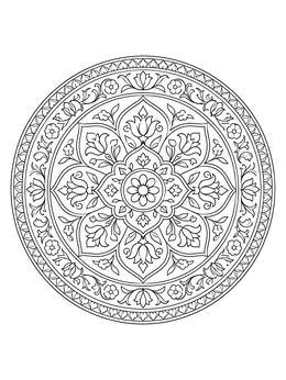 Intricate circular rug coloring page with symmetrical Persian floral motifs.
