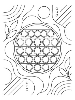 A round pop it fidget toy coloring page surrounded by modern abstract waves and leaves.