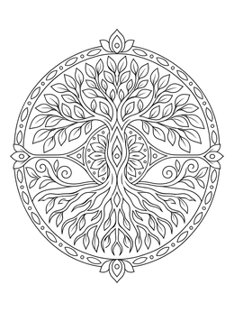 Intricate tree of life coloring page featuring balanced branches and roots inside an ornate circular frame.