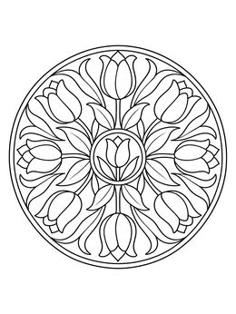 A circular tulip coloring page mandala with repeating flower buds and curved leaves.