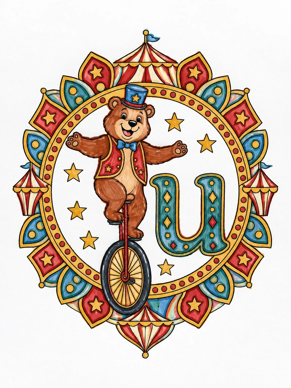 Colored example of the Circus Bear On Unicycle Letter U coloring page