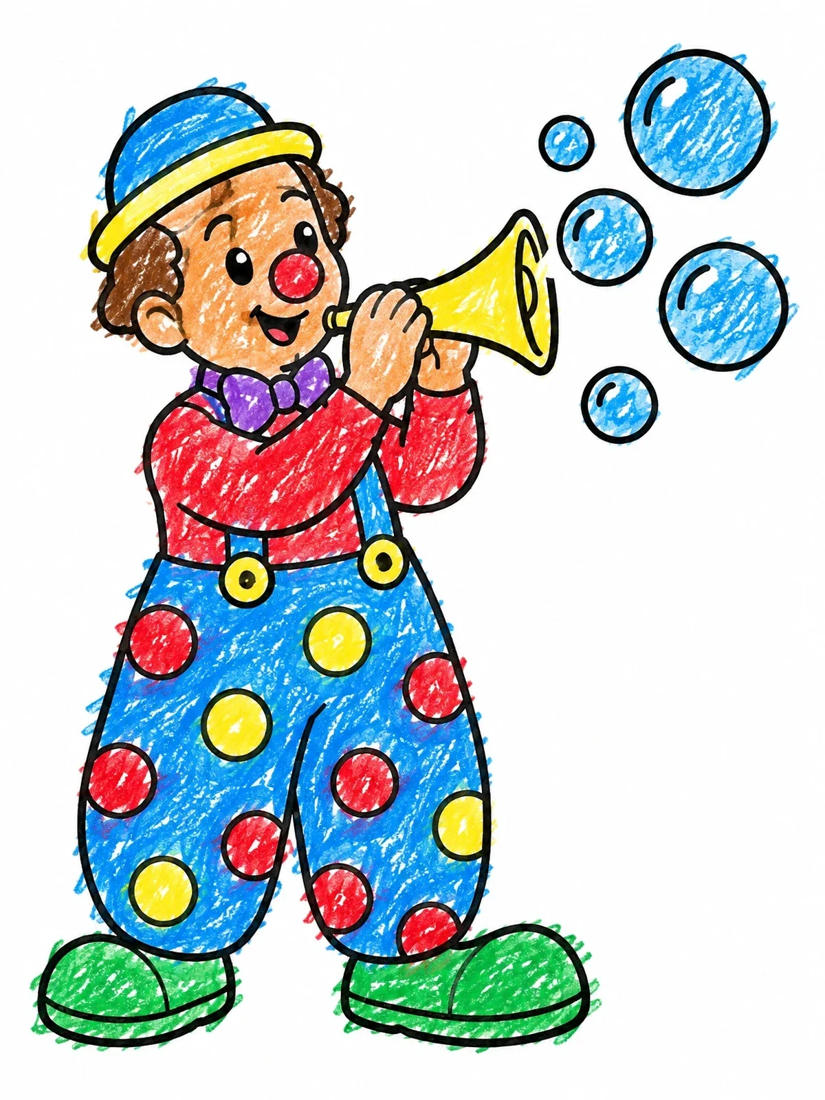 Colored example of the Cheerful Clown Blowing Soapy Bubbles coloring page