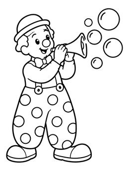 Free printable Cheerful Clown Blowing Soapy Bubbles coloring page