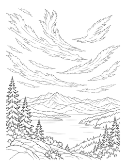 Wispy cirrus clouds coloring page over mountains and a calm lake.