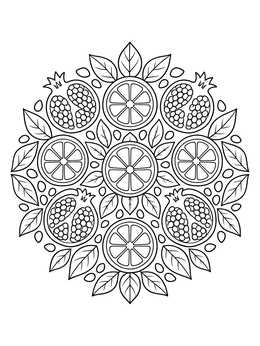 Symmetrical fruit coloring page with sliced citrus, pomegranates, and leaves arranged in a circular mandala.