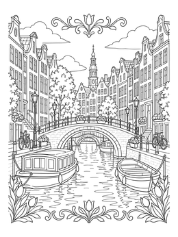 A detailed city coloring page showing boats moored on an Amsterdam canal with stone bridges.