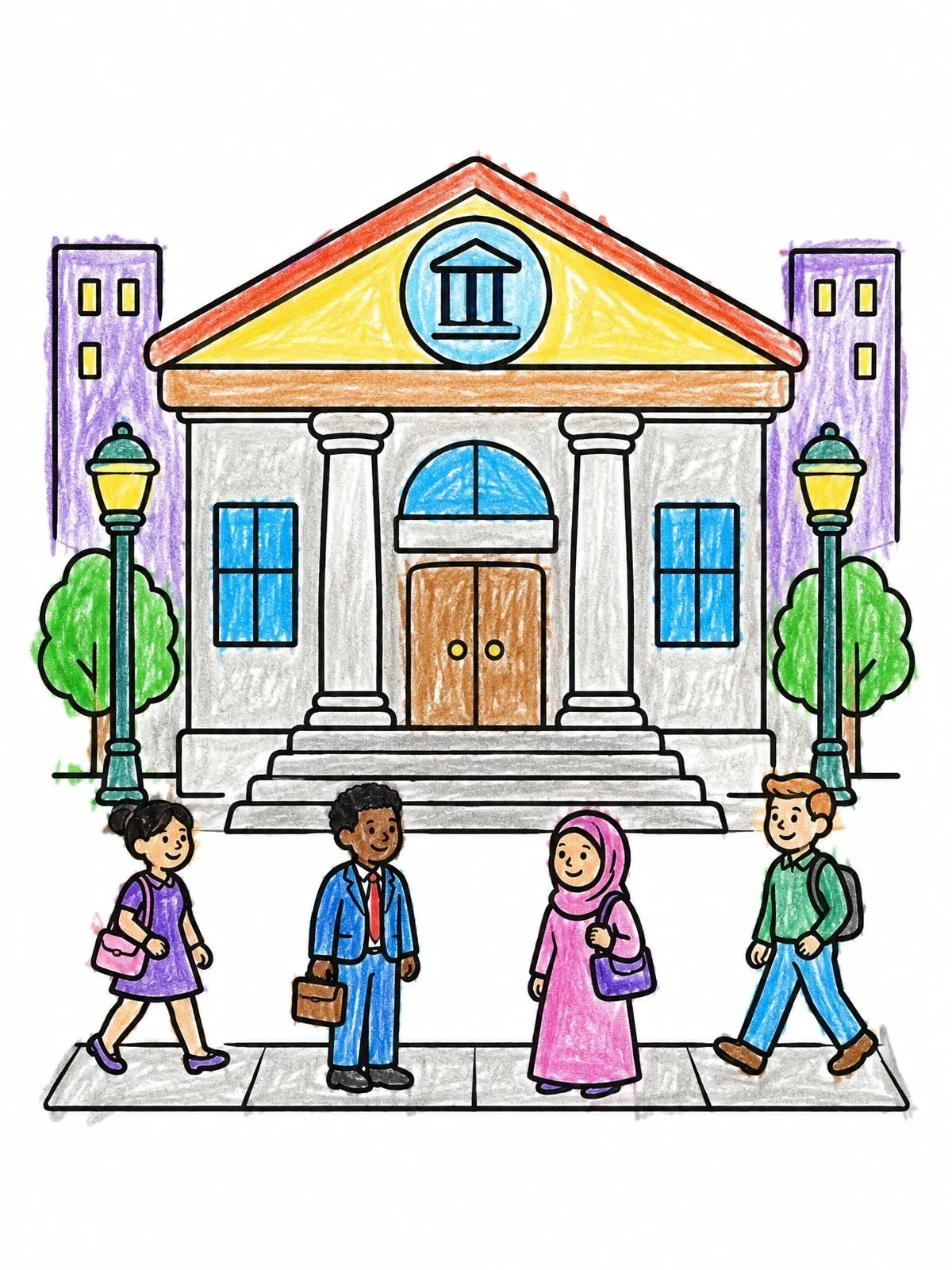 Colored example of the City Bank Building With Pedestrians coloring page