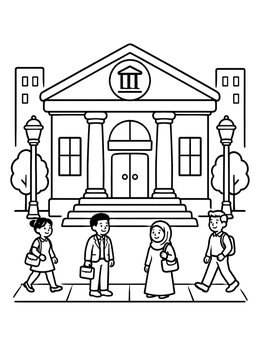 Free printable City Bank Building With Pedestrians coloring page