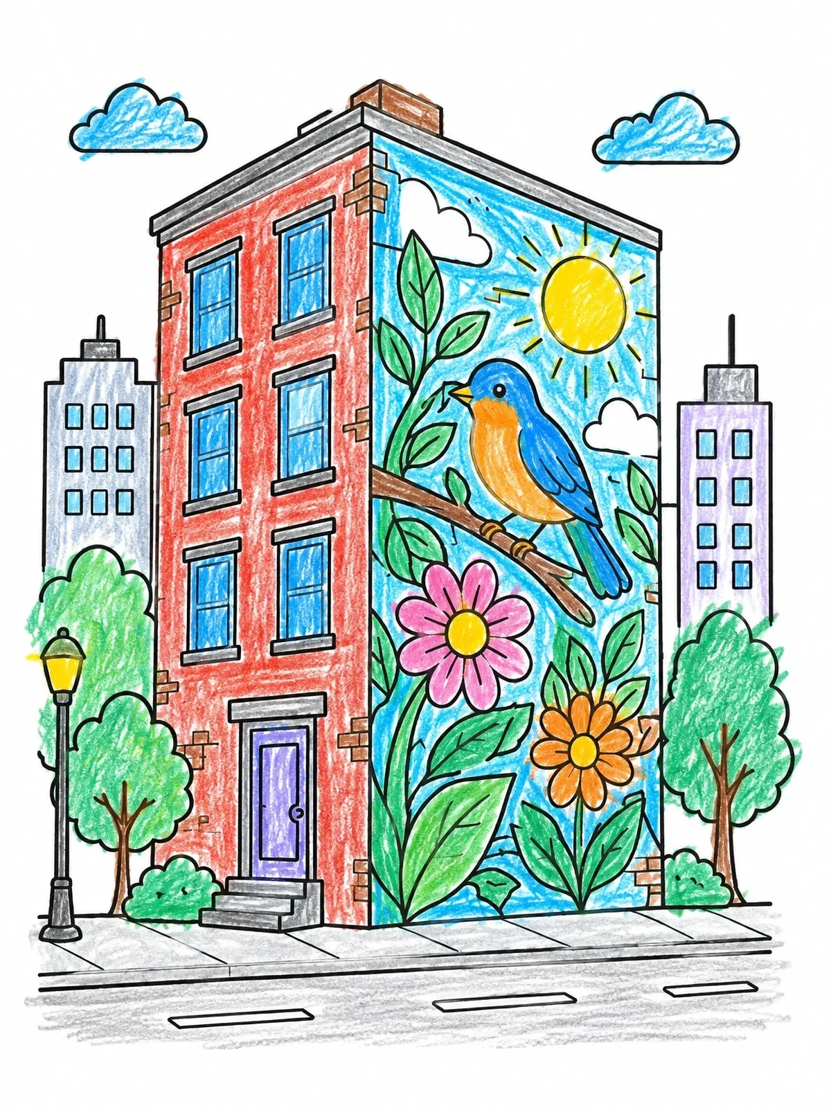 Colored example of the City Building With Nature Wall Mural coloring page
