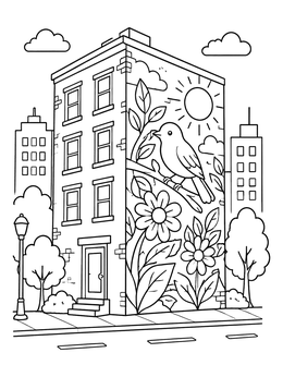 Free printable City Building With Nature Wall Mural coloring page