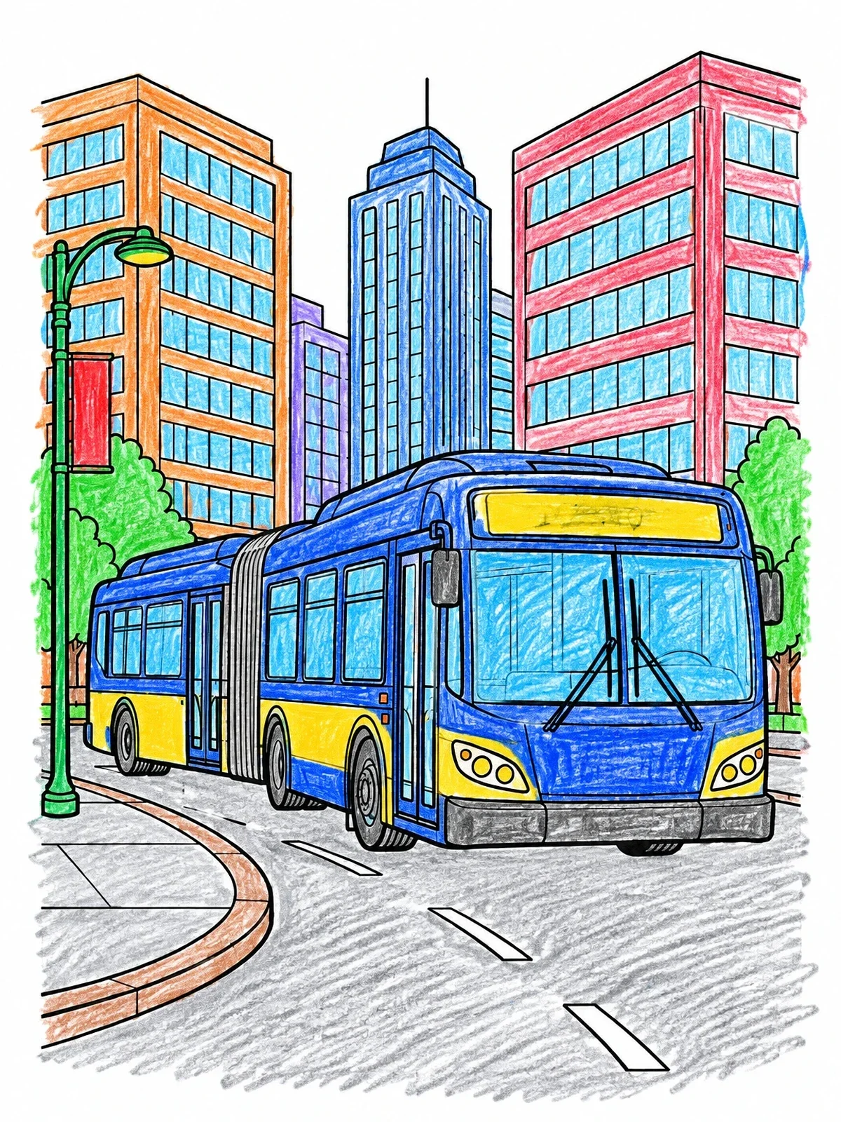 Colored example of the City Bus Driving Downtown coloring page