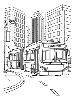 A modern transit bus turns a corner on this city coloring page with tall office buildings.