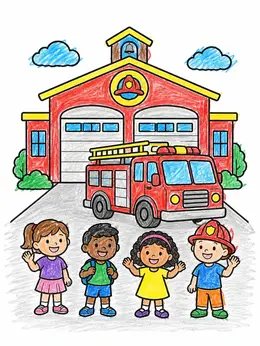Fire Without Color Children Visiting The Fire Station – City Coloring Page