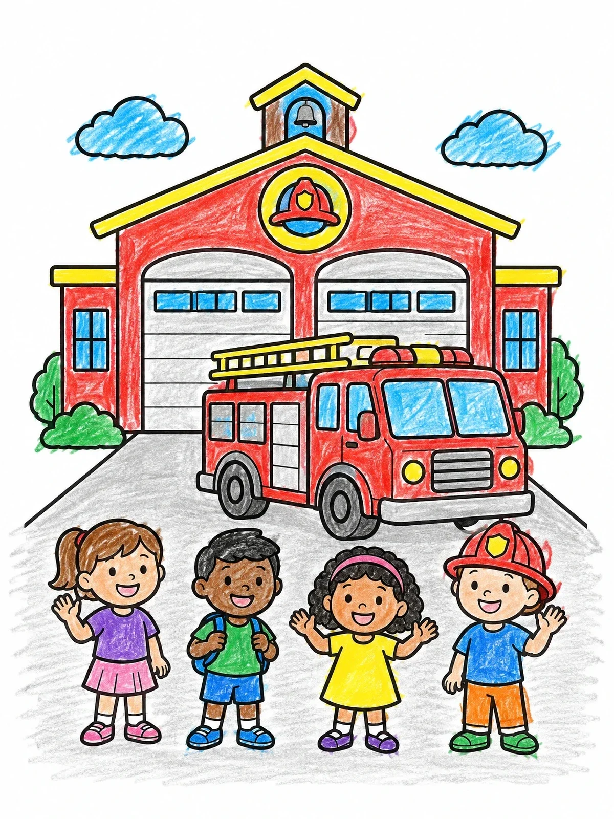 Colored example of the Children Visiting The Fire Station coloring page