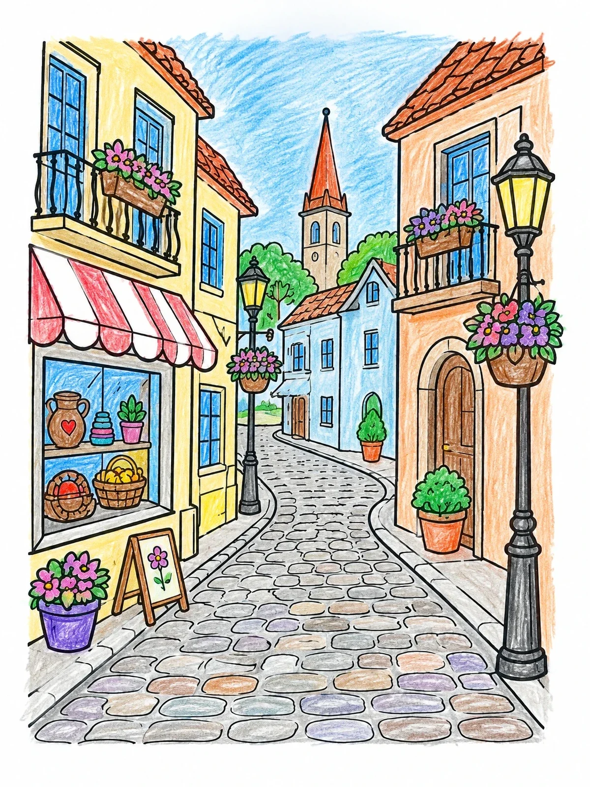 Colored example of the Cozy European Cobblestone Street coloring page