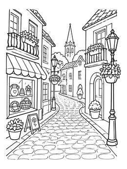 Free printable Cozy European Cobblestone Street coloring page