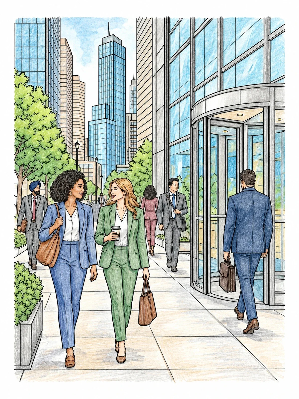 Colored example of the Busy Downtown Financial District coloring page