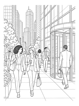 Pedestrians walk outside a modern office tower in this city coloring page.