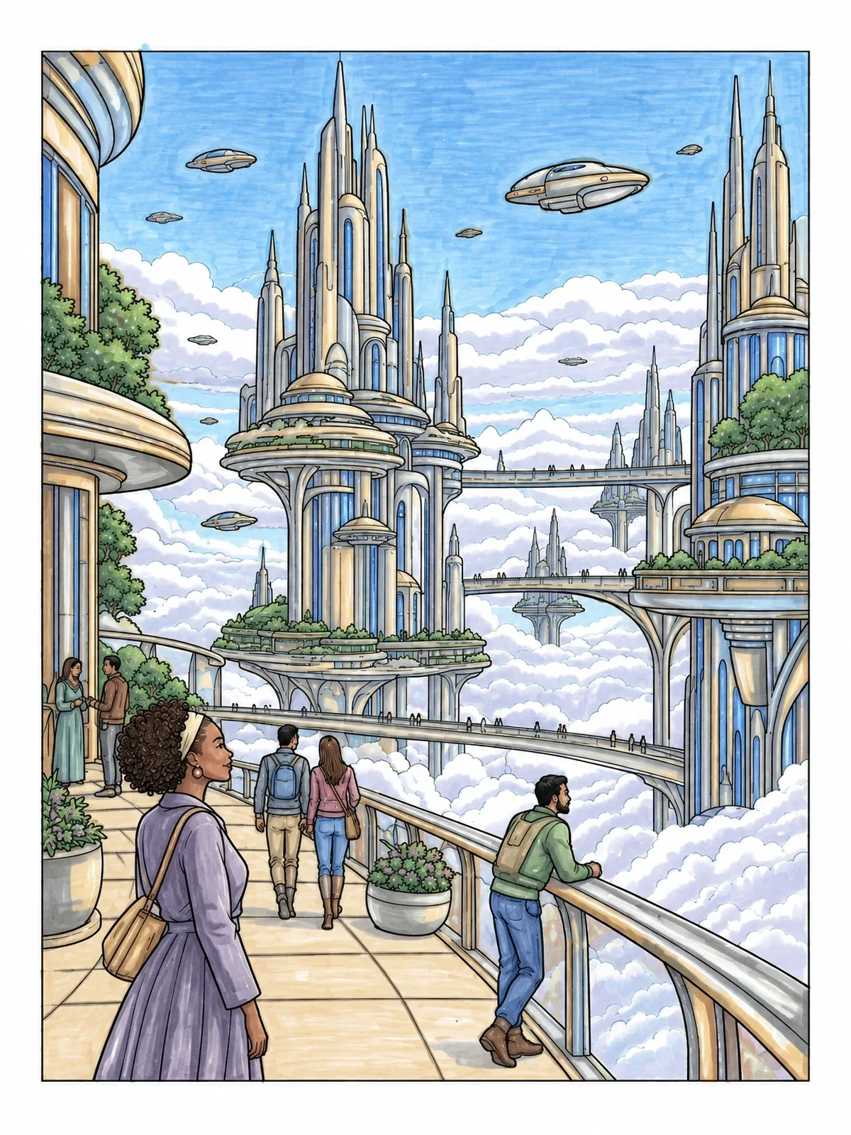 Colored example of the Futuristic Sky Bridge Metropolis coloring page