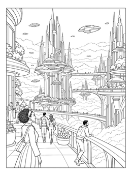 Pedestrians enjoy a view of cloud spires in this futuristic city coloring page.