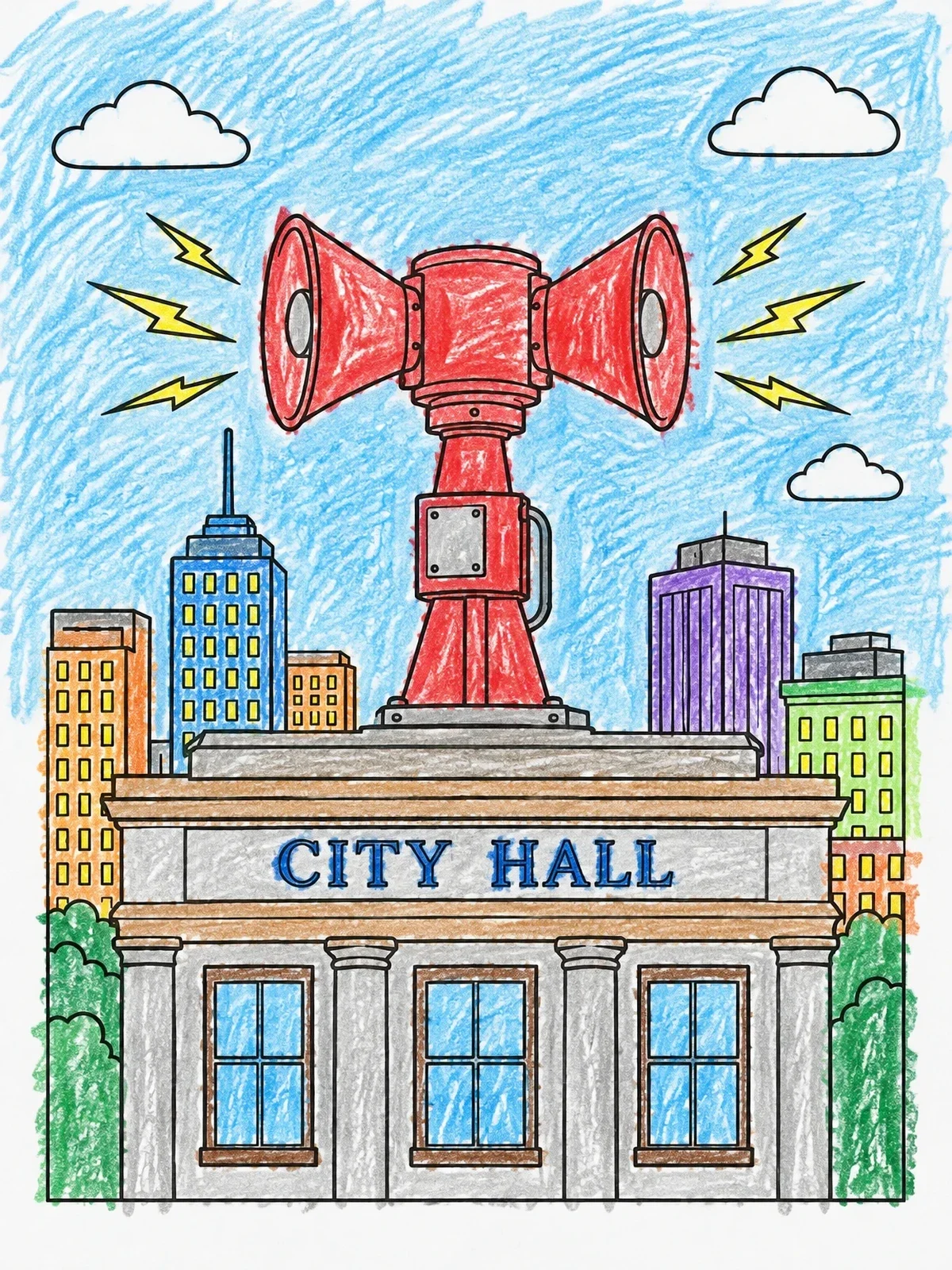 Colored example of the City Hall Tornado Siren Alarm coloring page