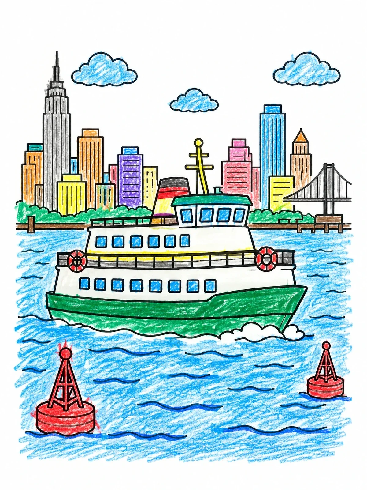 Colored example of the City Harbor Ferry Boat coloring page