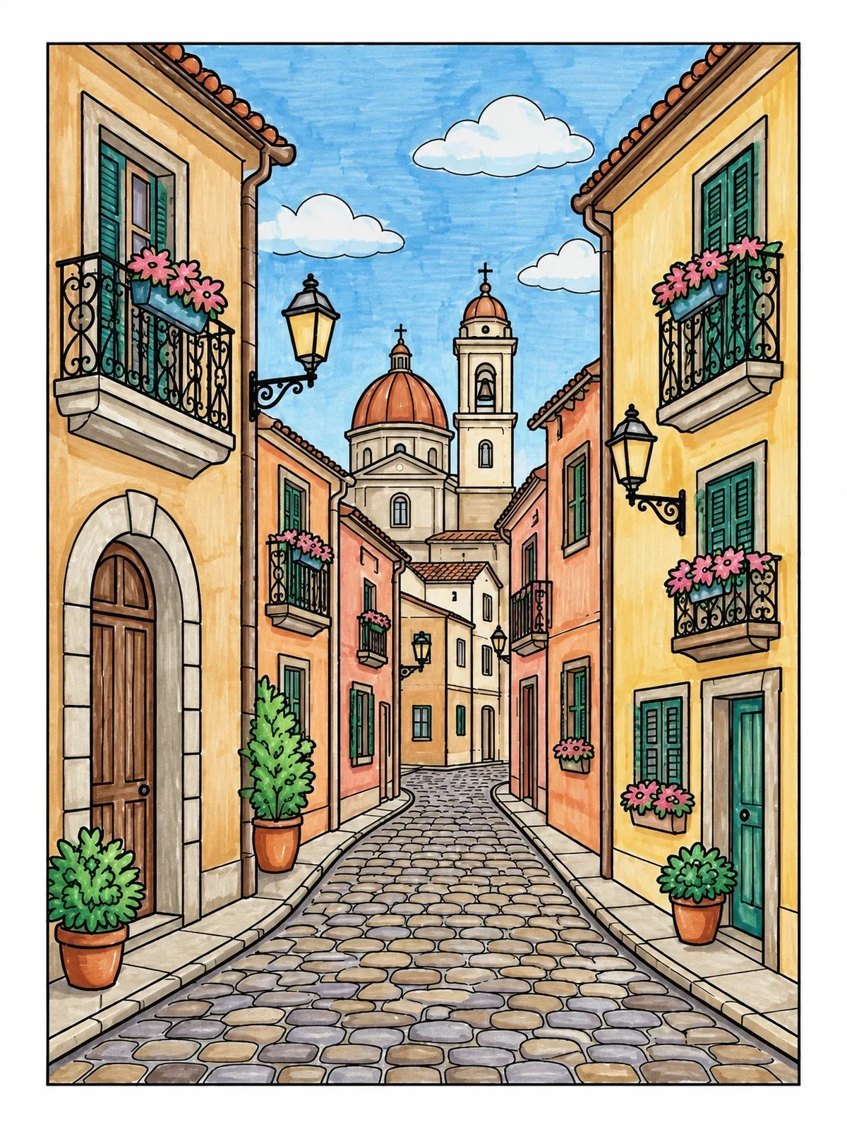 Colored example of the Historic European Cobblestone Alley coloring page