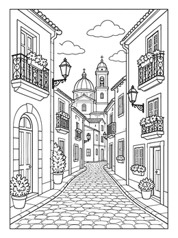 Historic old town street with balconies and cathedral in this city coloring page.