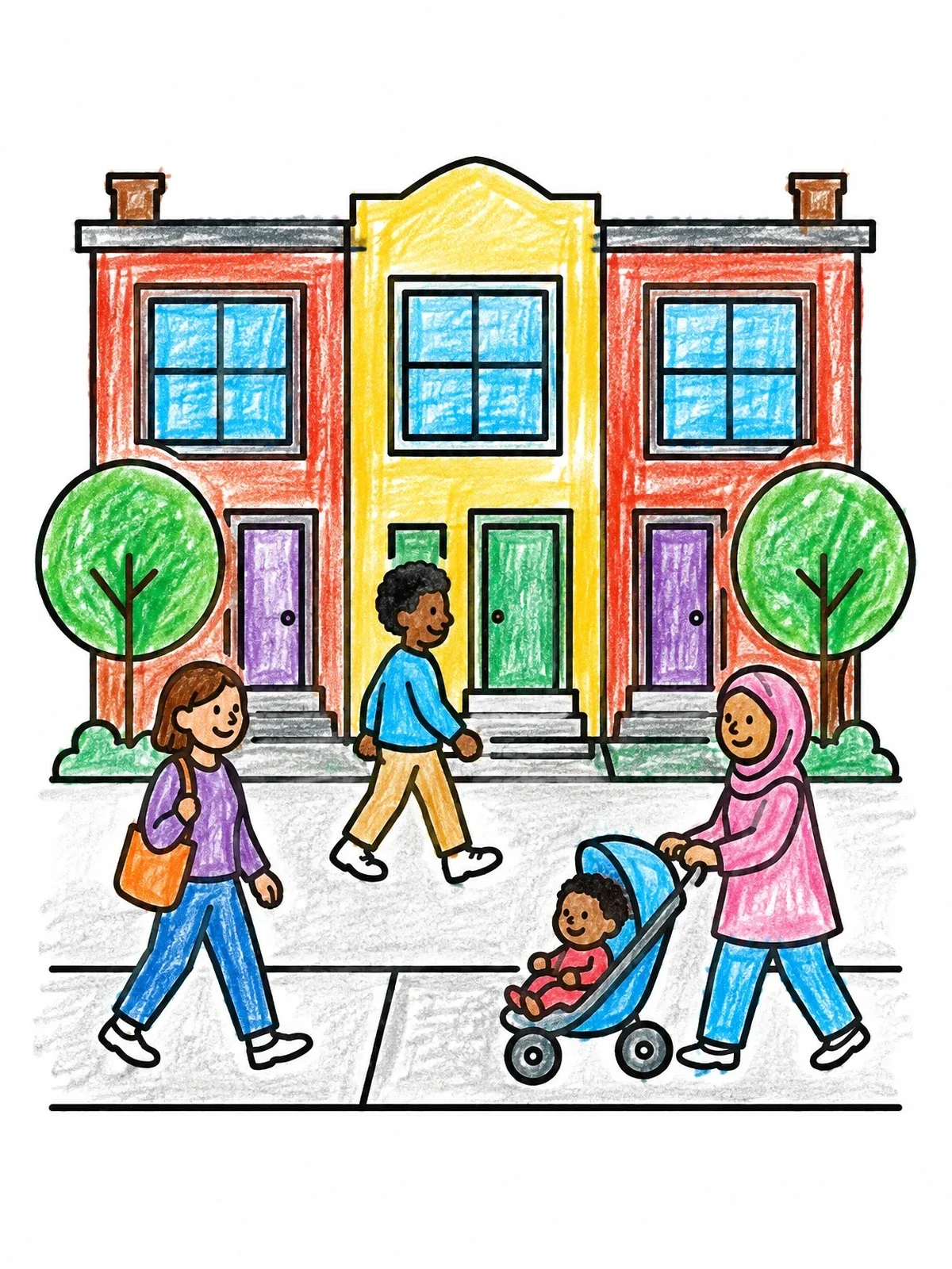 Colored example of the Neighbors Walking By Townhouses coloring page