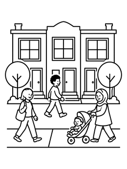 Free printable Neighbors Walking By Townhouses coloring page