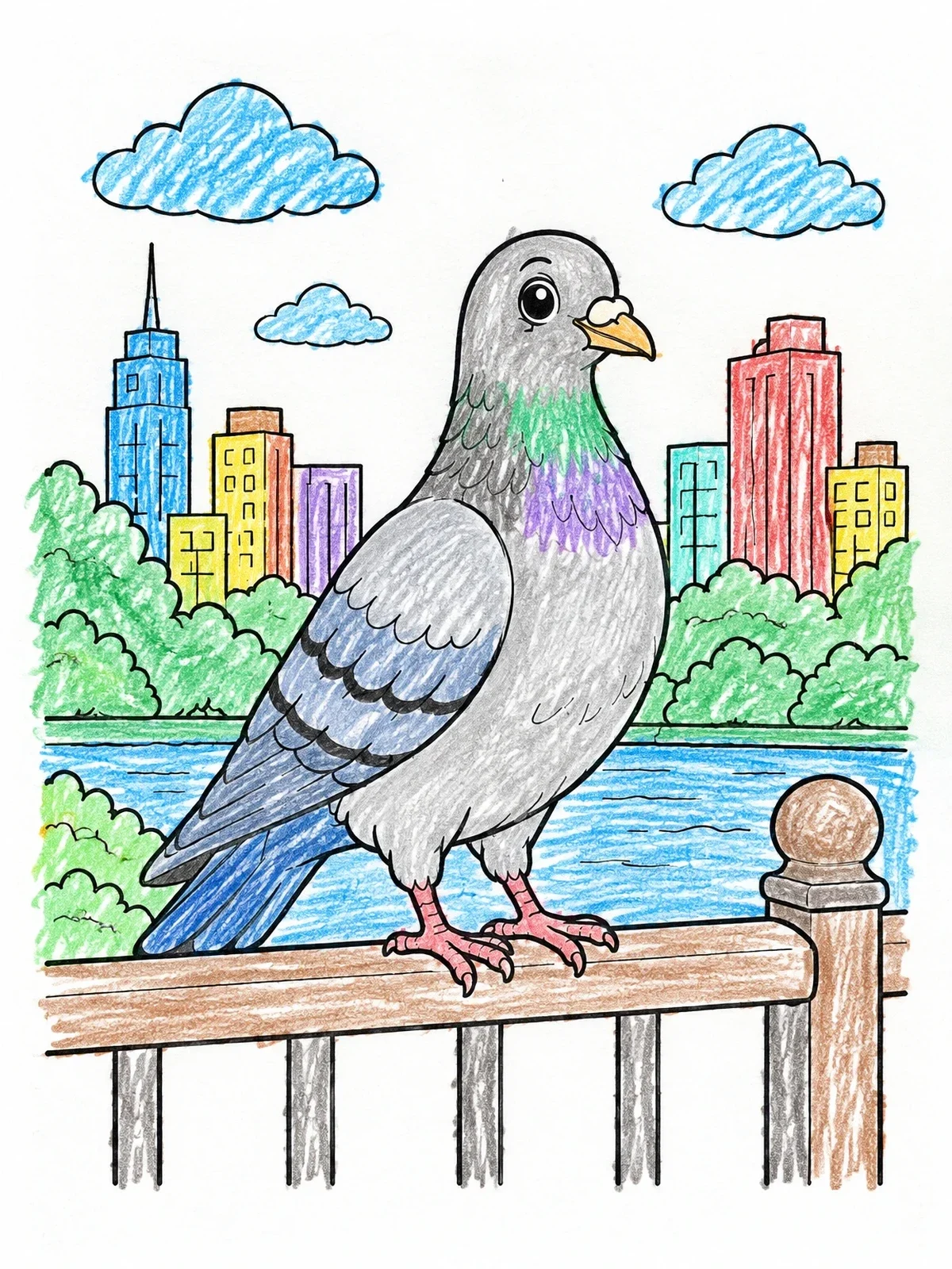 Colored example of the City Pigeon On Park Railing coloring page