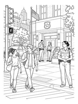 Pedestrians cross near an officer in this police station coloring page.