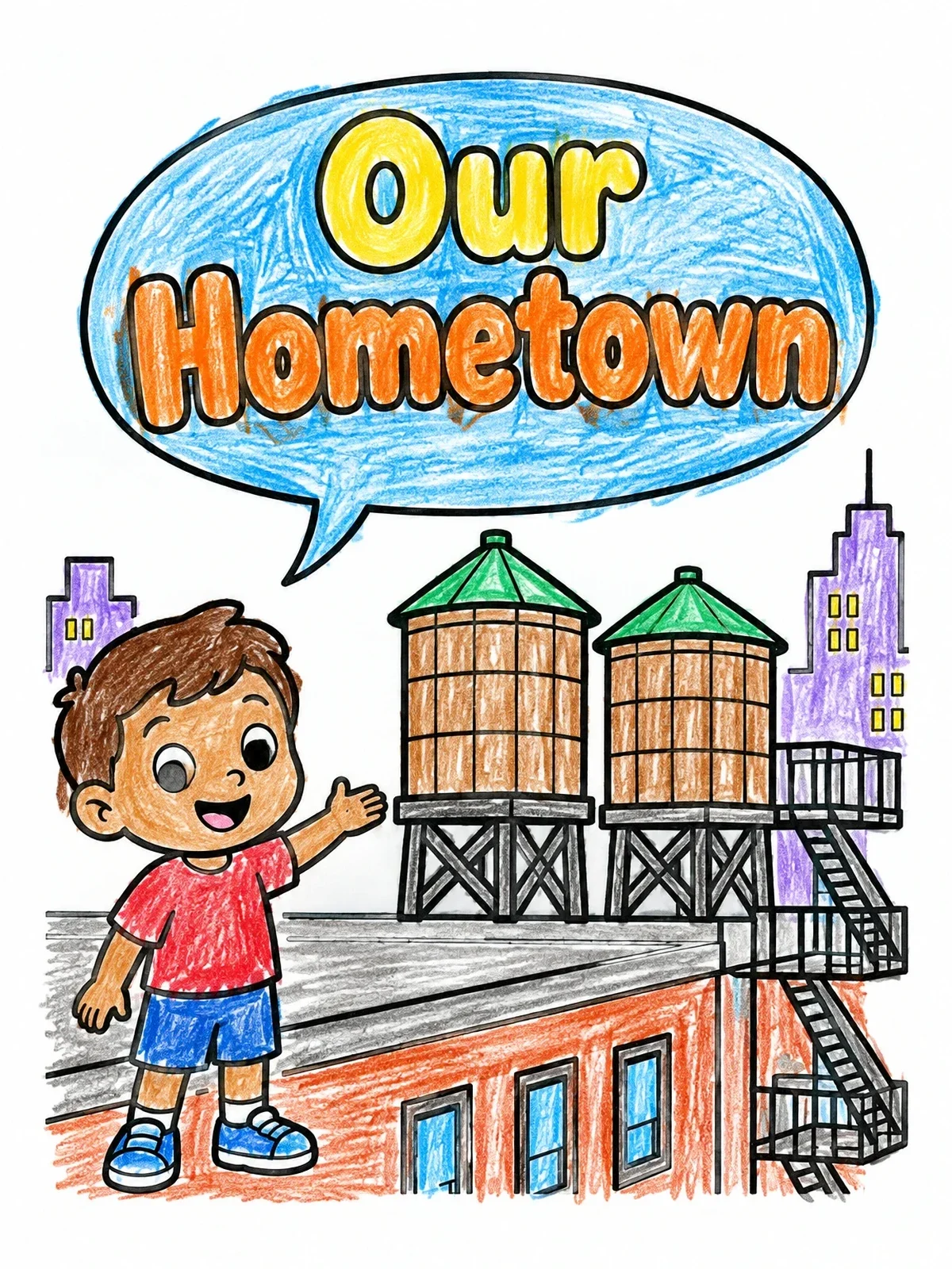 Colored example of the Rooftop Water Towers In The City coloring page