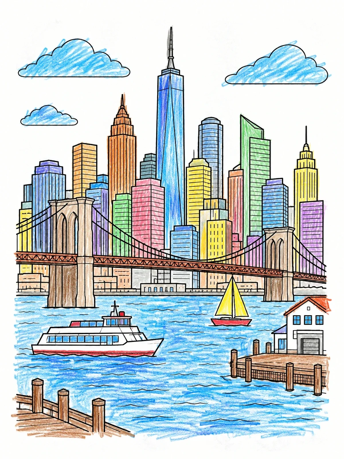 Colored example of the Metropolitan Waterfront And Suspension Bridge coloring page