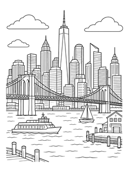 A detailed city coloring page featuring a suspension bridge, skyscrapers, and harbor boats.